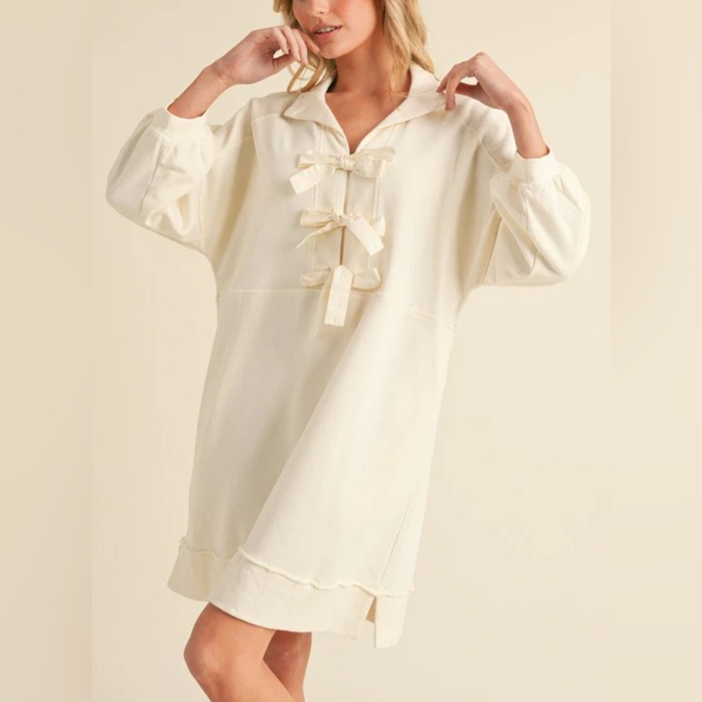 Jodifl Tie Closure Mini Dress NWT Cream French Terry Knit Bracelet Sleeves Bow S